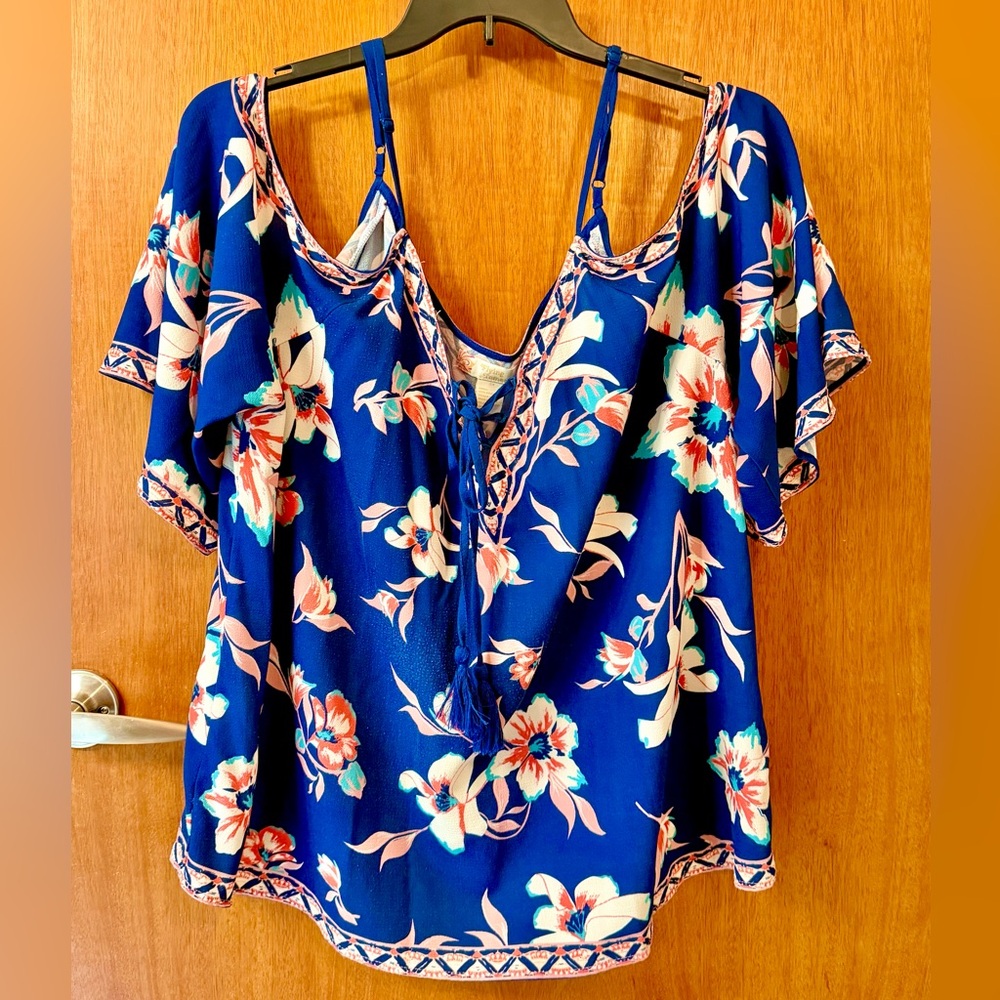 Flying Tomato Royal Blue Floral Cold-Shoulder Tie-Front Top
